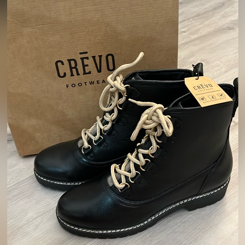 New in box NWT Crevo Leather Combat Boots with Gold Accents